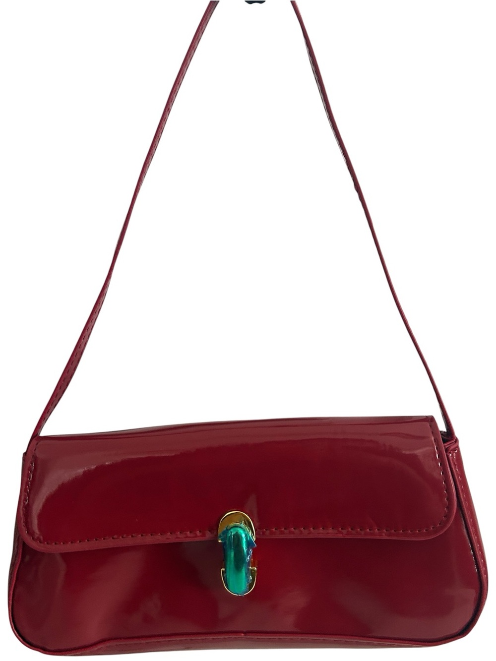 Y2K Red Patent Leather Baguette Bag 💋 Glossy Shoulder Purse w/ Statement Clasp